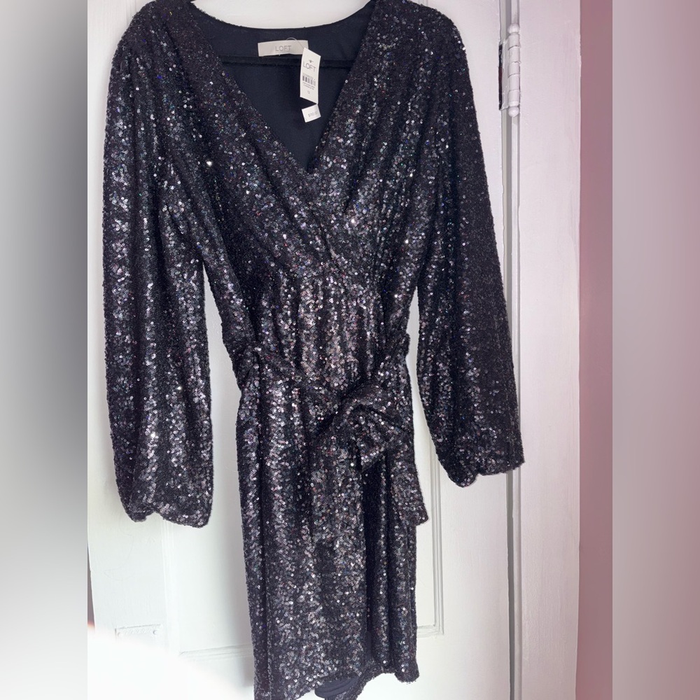 NWT LOFT Black Sequin Wrap Dress Size 12